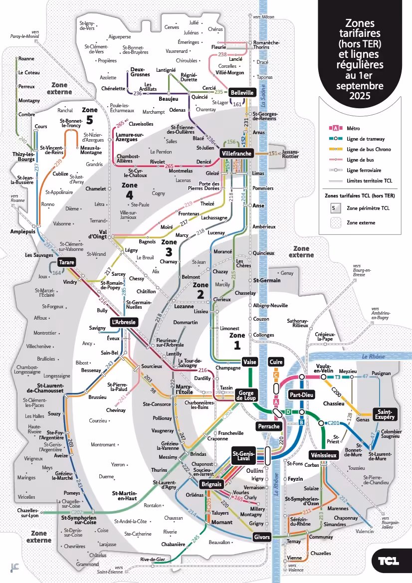 Carte du réseau de transports en commun TCL de Lyon.