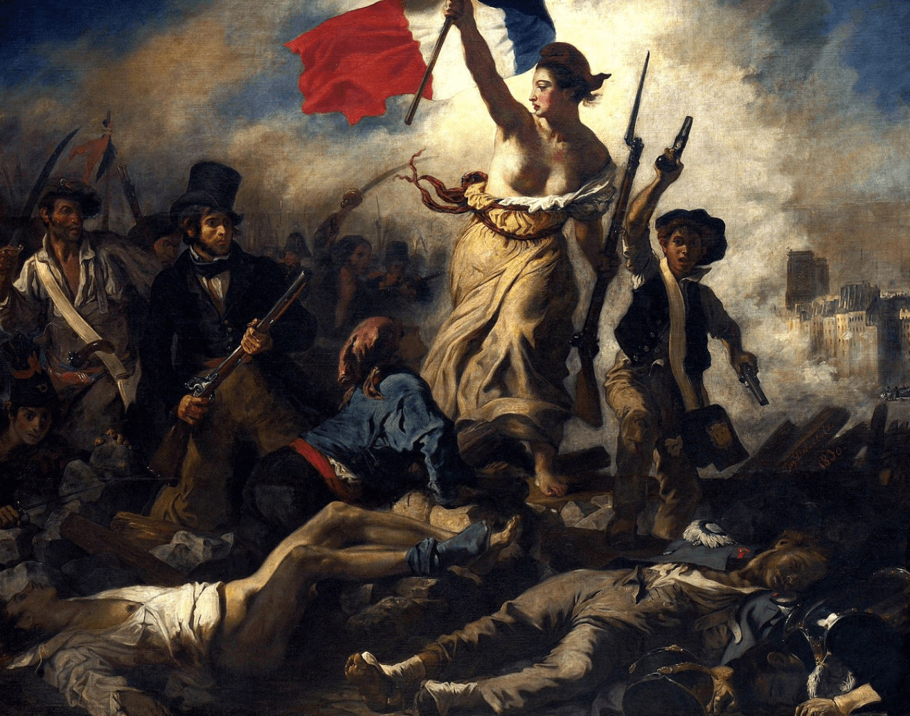 Tableau emblématique 'La Liberté guidant le peuple' d'Eugène Delacroix représentant une femme symbolisant la liberté, brandissant le drapeau tricolore français, entourée de révolutionnaires sur une barricade lors des Trois Glorieuses de 1830 à Paris.