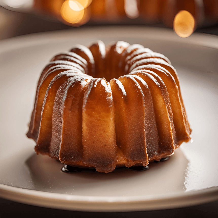 Canelé de Bordeaux présenté sur une assiette blanche, avec une texture dorée et caramélisée, saupoudré légèrement de sucre glace, en arrière-plan un effet bokeh chaleureux.