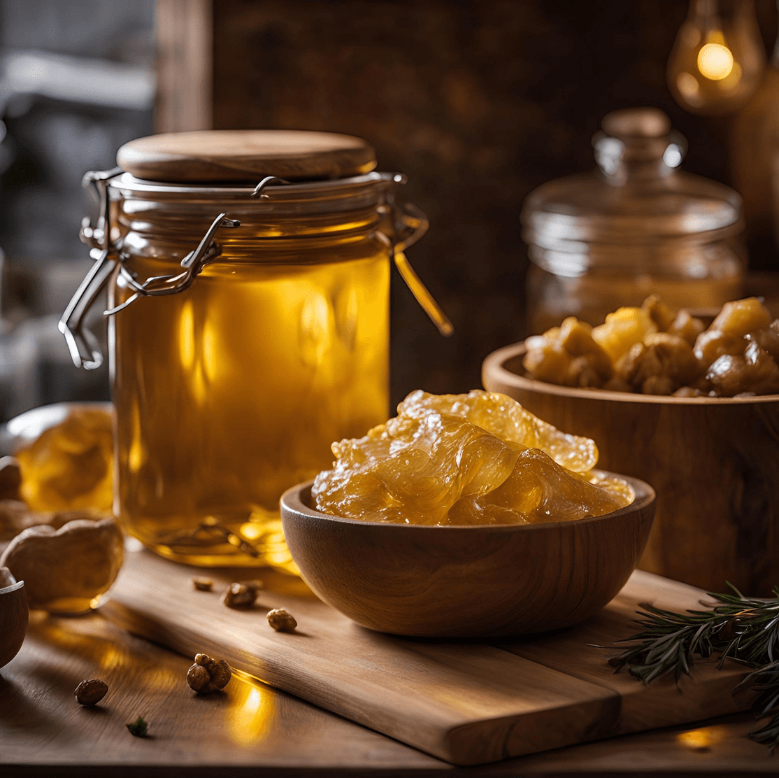 Un confit de vin de sauternes au Safran mariant le vin liquoreux de Sauternes avec du Safran. La texture ressemble à de la confiture