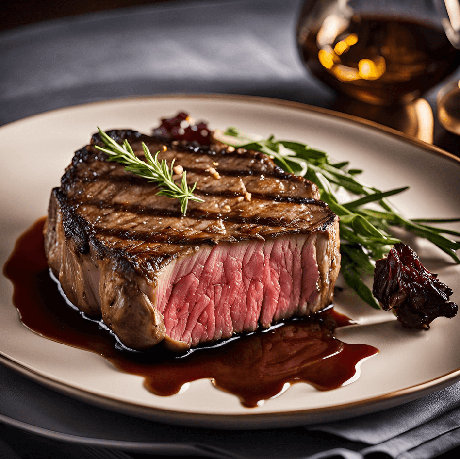 Assiette d’entrecôte grillée, cuite à la perfection avec une croûte dorée et saignante à l’intérieur, nappée d’une sauce au vin rouge typique de Bordeaux, et accompagnée d’herbes fraîches, pour un plat savoureux et raffiné.