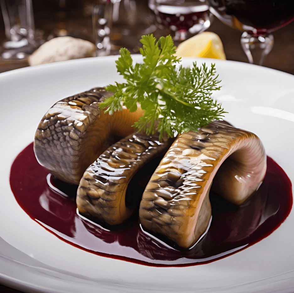 Assiette de lamproie cuisinée à la bordelaise, délicatement nappée d’une sauce au vin rouge riche en saveurs, accompagnée de fines herbes fraîches pour un plat typique de la région de Bordeaux, alliant tradition et raffinement.