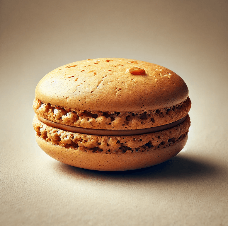 Macaron de couleur dorée et marron, suggérant un goût riche et savoureux de caramel, avec une texture délicate et une finition lisse, parfait pour les amateurs de douceurs gourmandes et raffinées.