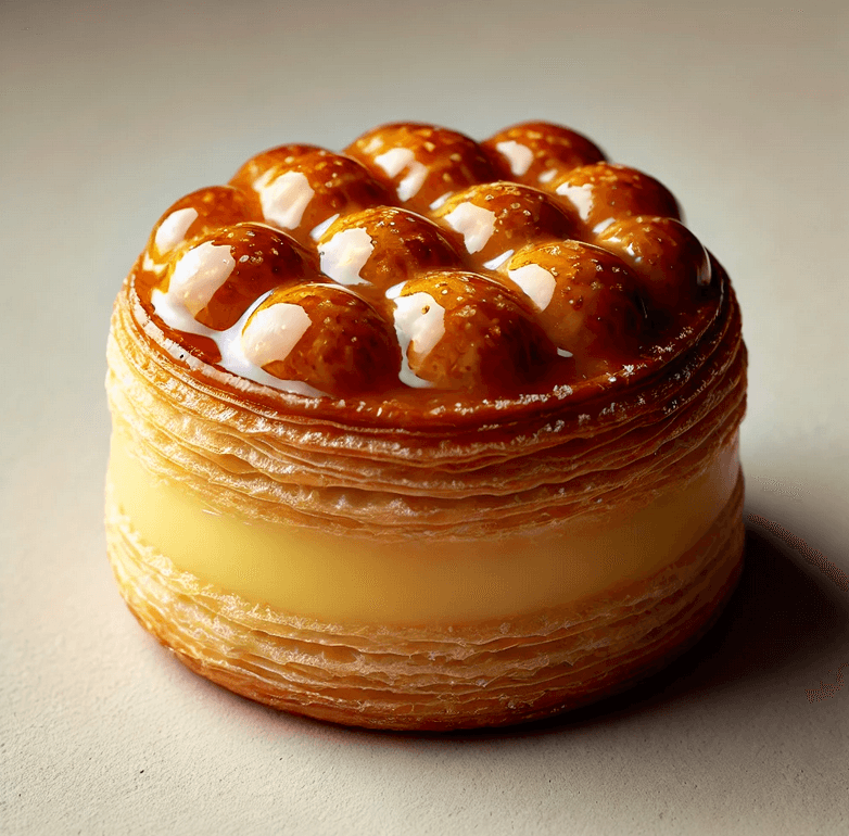 Puits d'Amour, dessert à base de pâte feuilletée et d'une crème pâtissière vanillée, le tout caramélisé