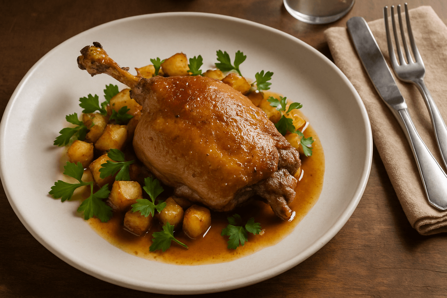 Assiette de confit de canard accompagné de pommes de terre et d'herbes et sa sauce.