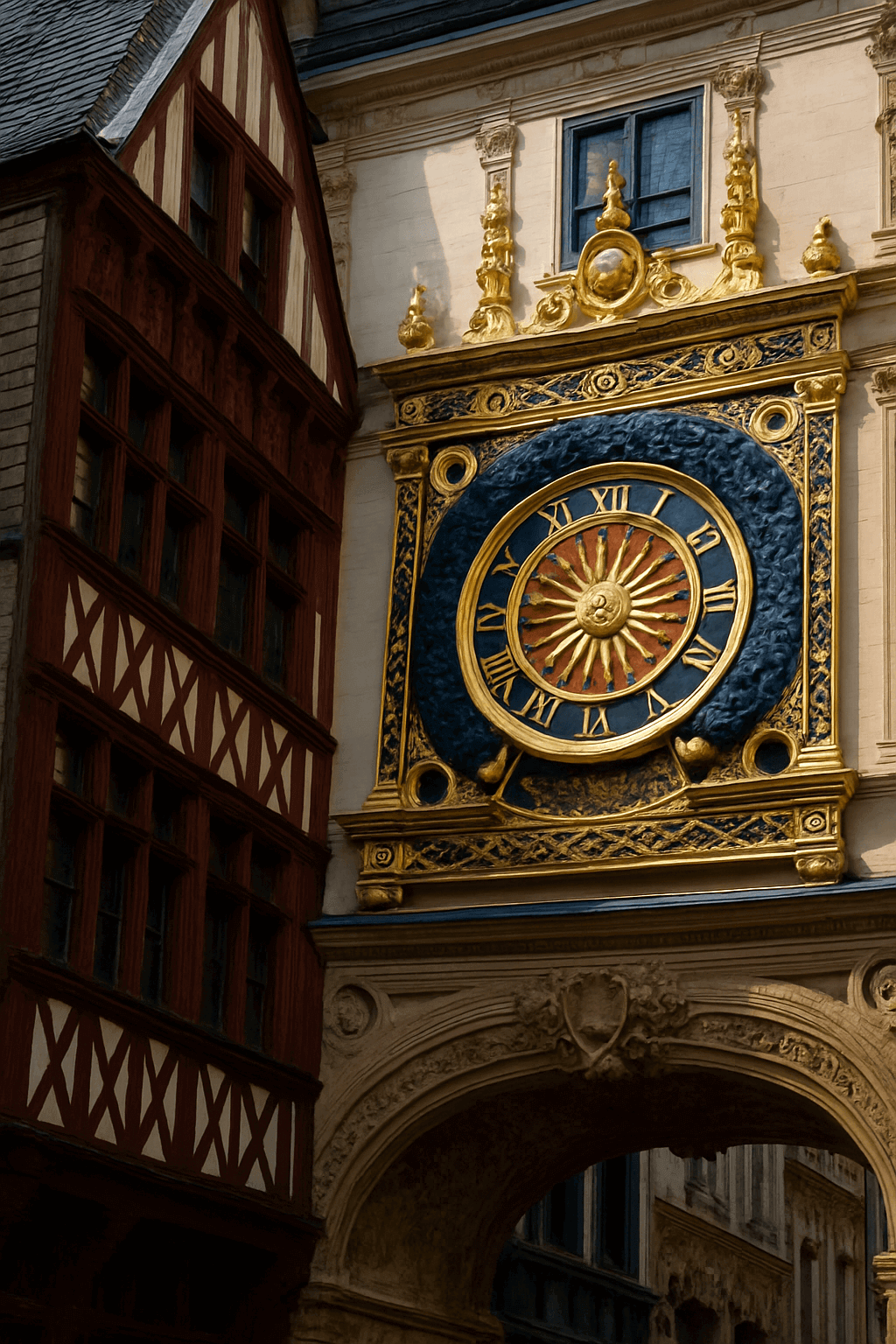 Le Gros-Horloge de Rouen, une horloge astronomique monumentale de style Renaissance, encastrée dans un bâtiment historique avec un cadran orné de dorures et d’un soleil rayonnant au centre, à côté d’une maison à colombages typique de Normandie.