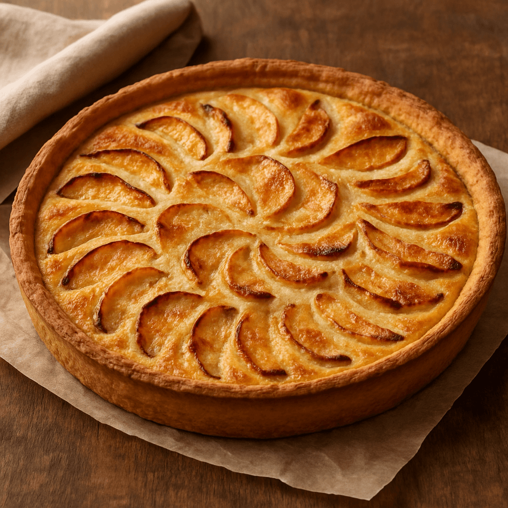 Tarte aux pommes normande joliment présenté avec ces morceaux de pommes.