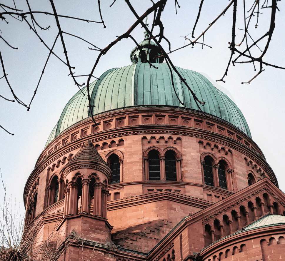Dôme en cuivre et architecture détaillée d'un bâtiment historique de Strasbourg, vu à travers des branches d'arbres