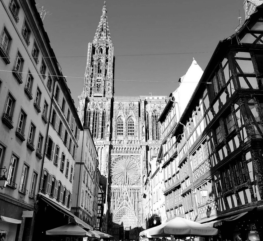 Vue en noir et blanc de la cathédrale de Strasbourg entourée de bâtiments à colombages dans le quartier historique